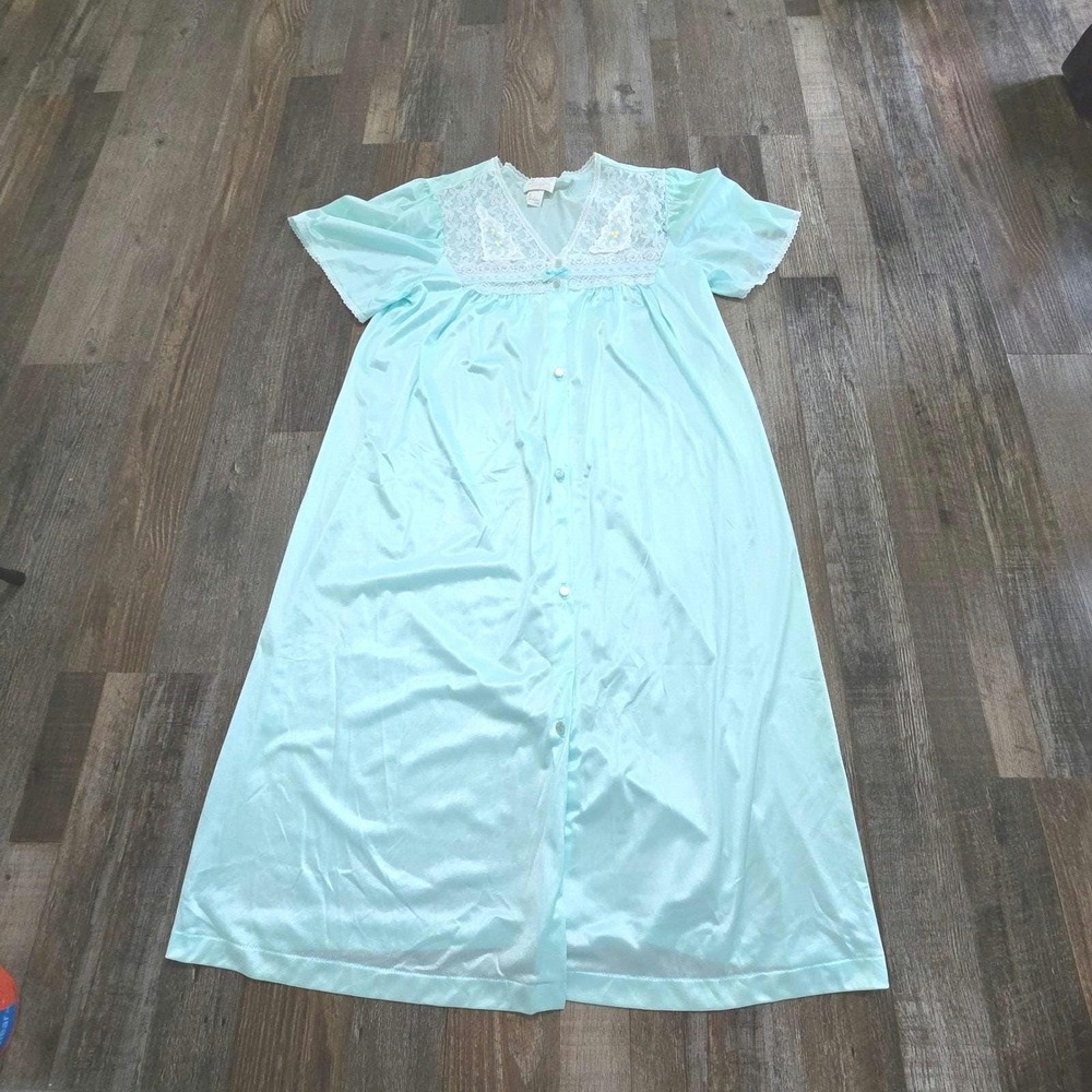 Texsheen Vintage Lace Nightgown Robe Womens Medium Aqua Blue Floral Nylon USA